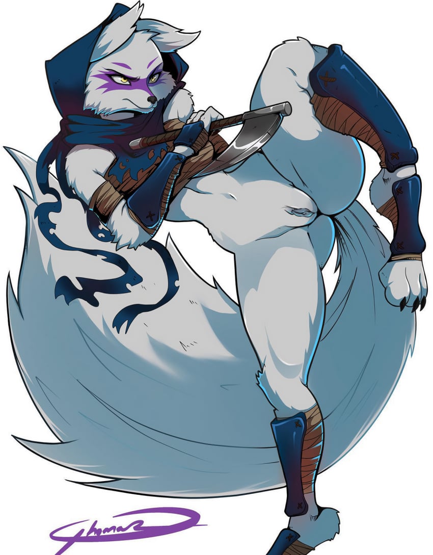 2023 alopex anthro arctic_fox arm_wraps bottomless bottomless_anthro bottomless_female breasts canid canine clothed clothing facial_markings female fox full-length_portrait fur genitals grey_background head_markings hi_res kusarigama mammal markings mask_(marking) portrait pussy shin_guards simple_background small_breasts solo standing teenage_mutant_ninja_turtles third-party_edit white_body white_fur wraps