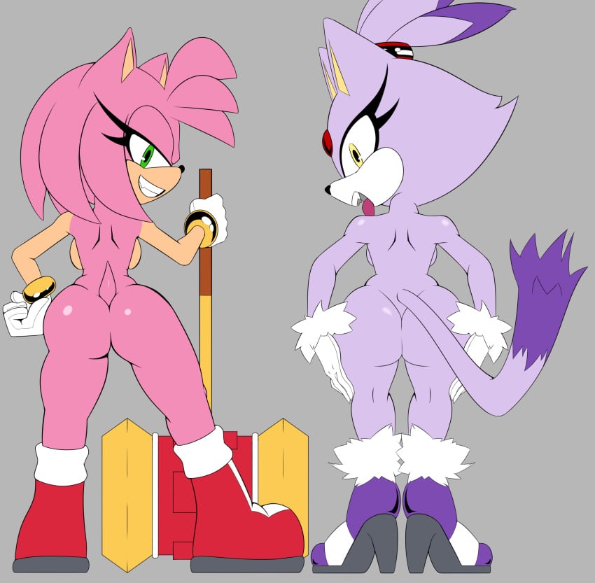 absurd_res amy_rose anthro ass big_butt blaze_the_cat deliciouscake domestic_cat duo eulipotyphlan exposed_torso felid feline felis female footwear handwear hedgehog hi_res humanoid looking_at_viewer looking_back mammal presenting sega simple_background sonic_(series) sonic_the_hedgehog_(series) take_your_pick thecakeee thick_thighs