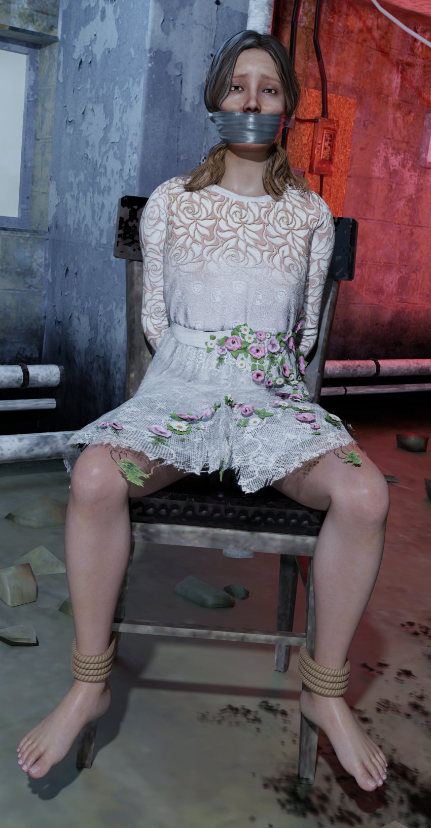 3d basement blender blonde_hair bondage bound_ankles bound_to_chair dress faith_seed far_cry far_cry_5 feet gag gagged tape_gag taped_mouth theblendertaper toes white_dress