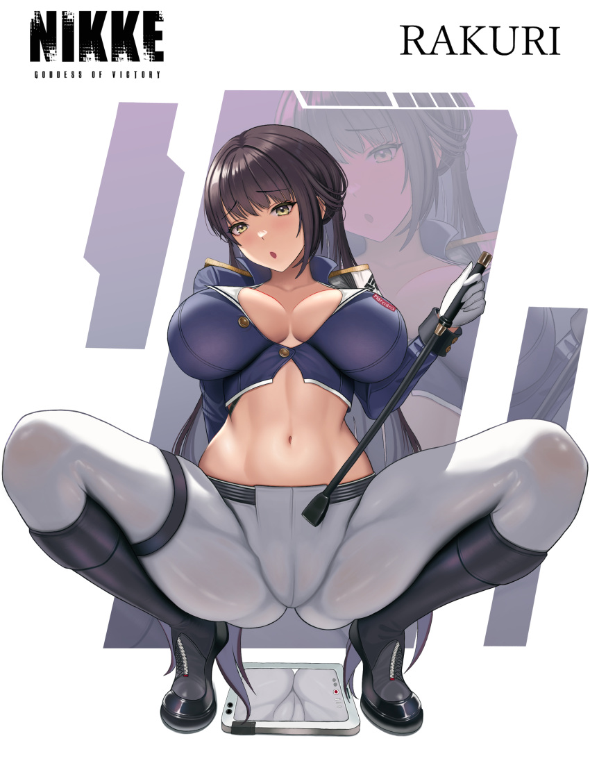 1girls artist_name ass black_hair black_jacket blush breasts cameltoe capelet collarbone copyright_name crop_top epaulettes eyebrows_visible_through_hair goddess_of_victory:_nikke hi_res inset jodhpurs large_breasts long_hair looking_at_viewer marciana_(nikke) navel no_bra parted_lips rakuri reflection riding_boots riding_crop simple_background solo solo_female squatting staff stomach tablet teacher thigh_strap unbuttoned white_background white_pants yellow_eyes