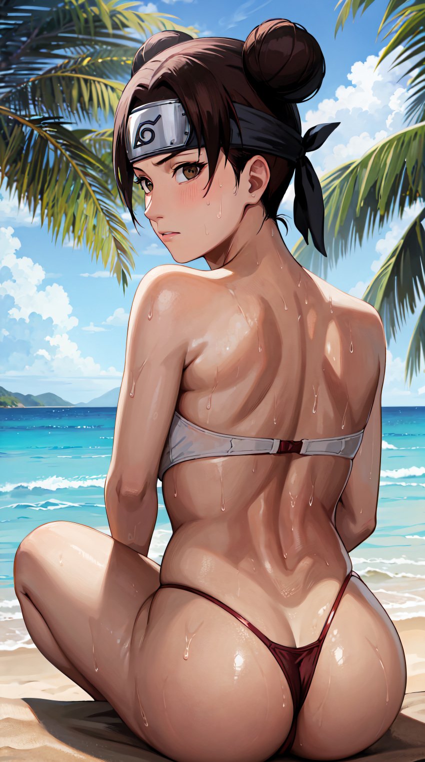 1girls ai_generated ass ass_focus back_view beach big_ass bikini bottom_heavy dat_ass double_bun female female_only from_behind g-string hair_bun headband huge_ass konohagakure_symbol kunoichi long_hair looking_at_viewer looking_back looking_back_at_viewer nail_polish naruto naruto_(series) naruto_shippuden ninja ocean outdoors palm_tree presenting presenting_ass rear_view sand seaside sitting solo solo_focus stable_diffusion swimsuit tenten thick_ass thong_bikini twin_buns waifuinvoker wet wet_body wet_skin