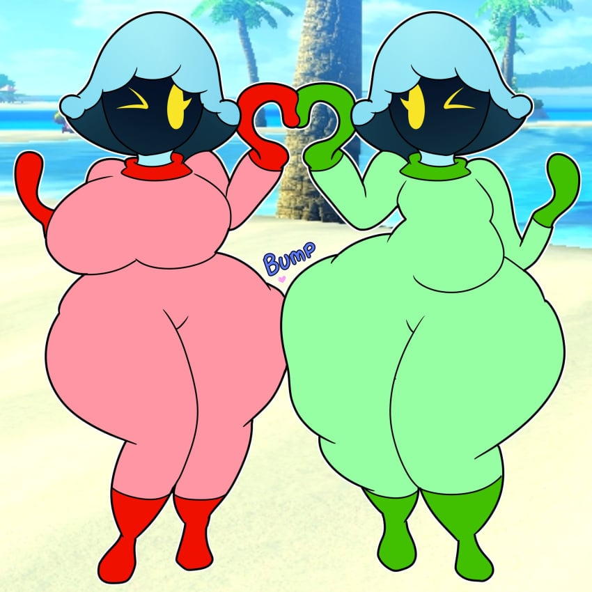 2girls anthro ass_bigger_than_head ass_focus big_breasts bodysuit clothed dumptruck_ass female female_only gigi_(mario) huge_ass jellyfish_sisters mario_(series) mario_and_luigi:_superstar_saga mario_and_luigi_(series) mario_kart merri_(mario) multiple_girls nintendo public teaset_haliley teasing