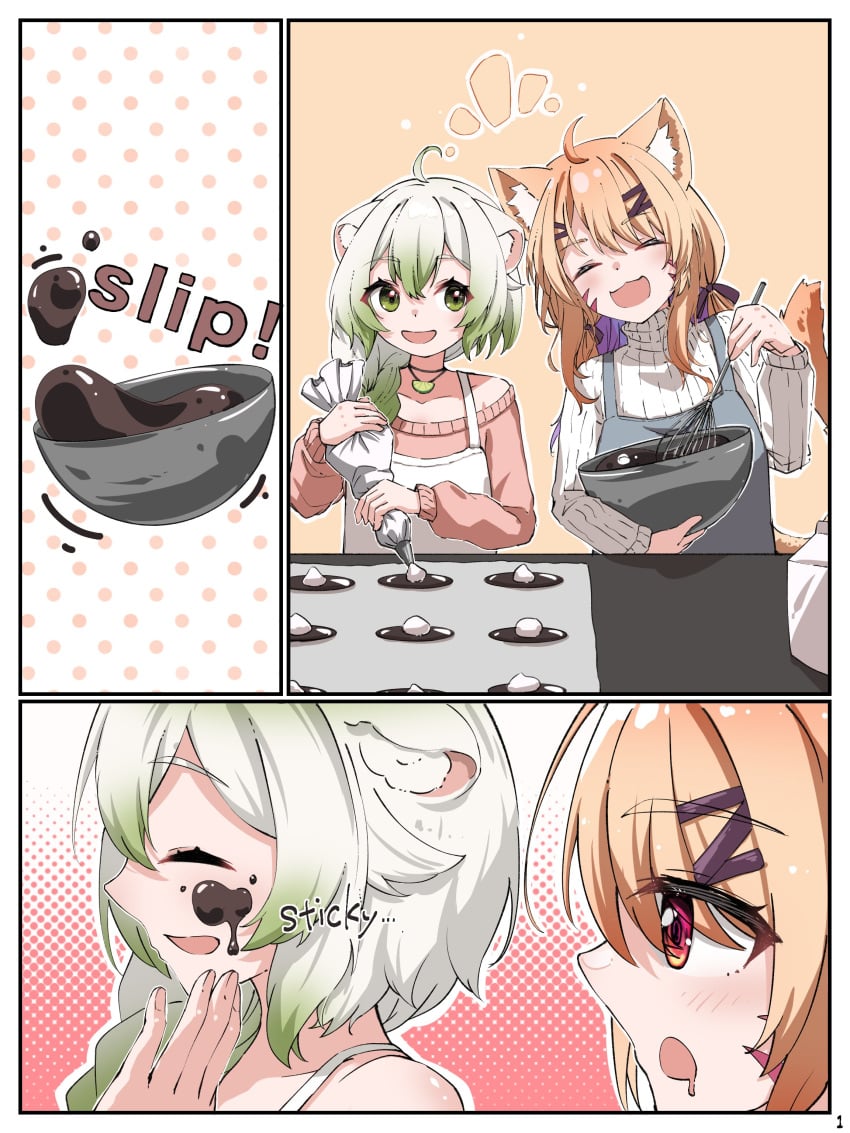 animal_ears baking cheeks clothing face_markings green_eyes green_hair kemonomimi laimu red_eyes short_hair squchan_(vtuber) virtual_youtuber vyugen