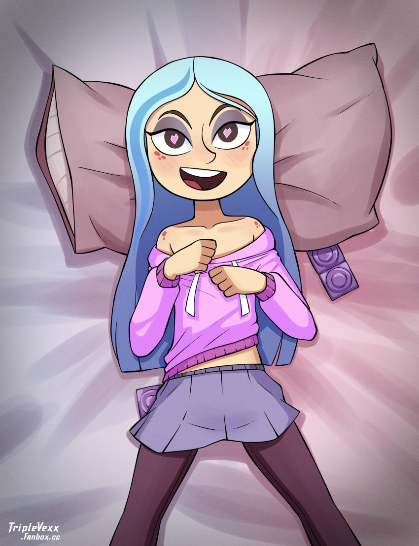 1girls andrea_davenport bare_shoulders blue_hair blush clothed condom_wrapper heart-shaped_pupils inviting long_hair looking_at_viewer miniskirt on_back open_mouth pillow solo sweater the_ghost_and_molly_mcgee thighhighs triplevexx undressing