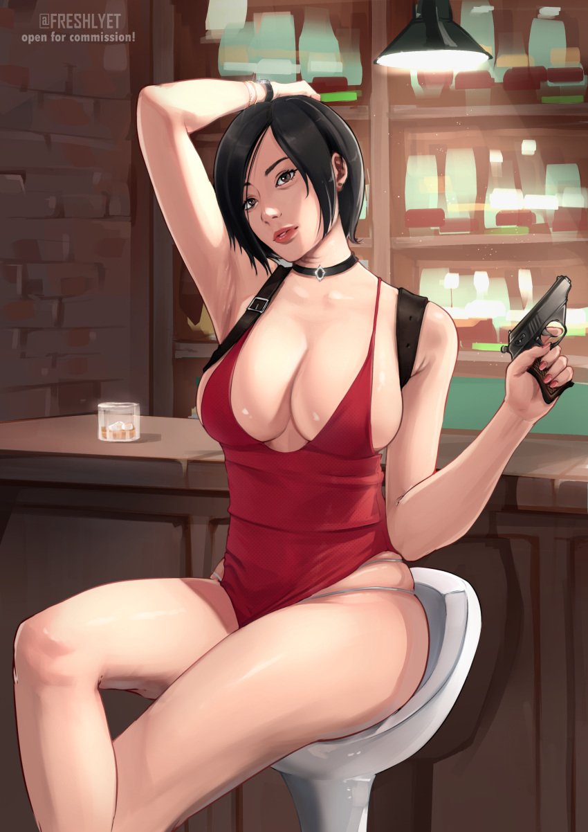 1girls ada_wong armpit big_breasts black_hair dress freshlyet gun pistol resident_evil resident_evil_2 resident_evil_2_remake resident_evil_4 resident_evil_4_remake solo_female thick thick_ass thick_thighs weapon