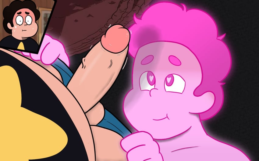 2boys balls chad_steven clothing duo gay gem_(species) genitals heart-shaped_pupils kneeling male male_only nervous nude pants pants_down penis pink_body pink_hair pink_penis pink_steven selfcest smile steven_quartz_universe steven_universe sweat undressing