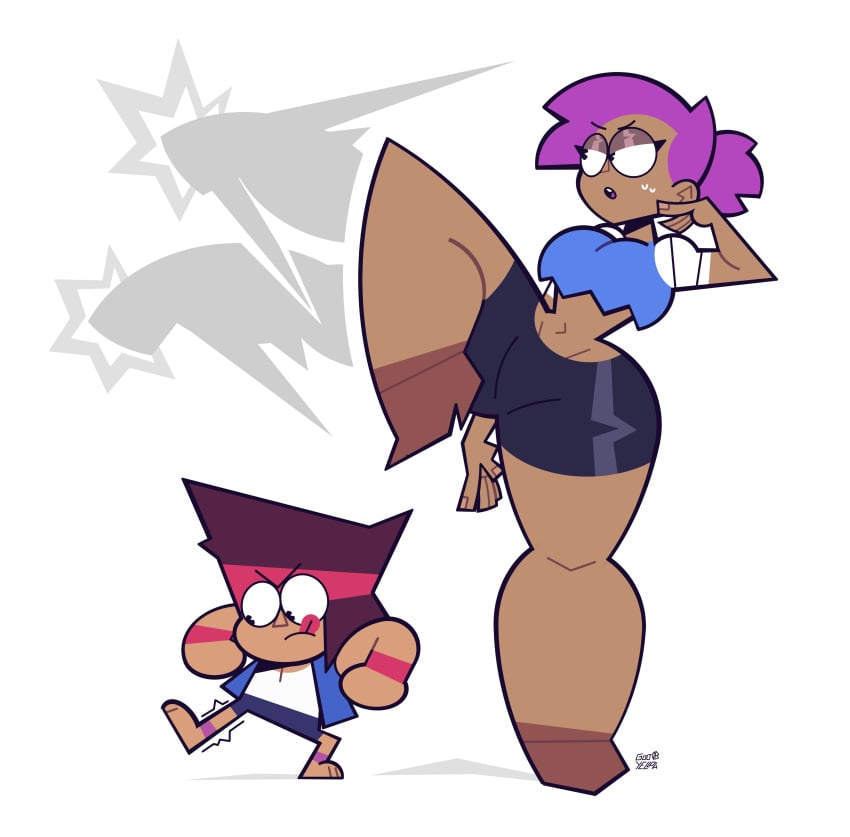 1boy 1girls bandage bandana boots bottom_heavy breasts cartoon_network child_bearing_hips crop_top dark_skin enid goodbyellow jacket k.o._(ok_k.o.!_let's_be_heroes) ok_k.o.!_let's_be_heroes pear-shaped_figure pear_shaped pear_shaped_female purple_hair short_hair sweat tagme taller_girl thick_thighs thunder_thighs warner_bros warner_brothers wide_hips wristband