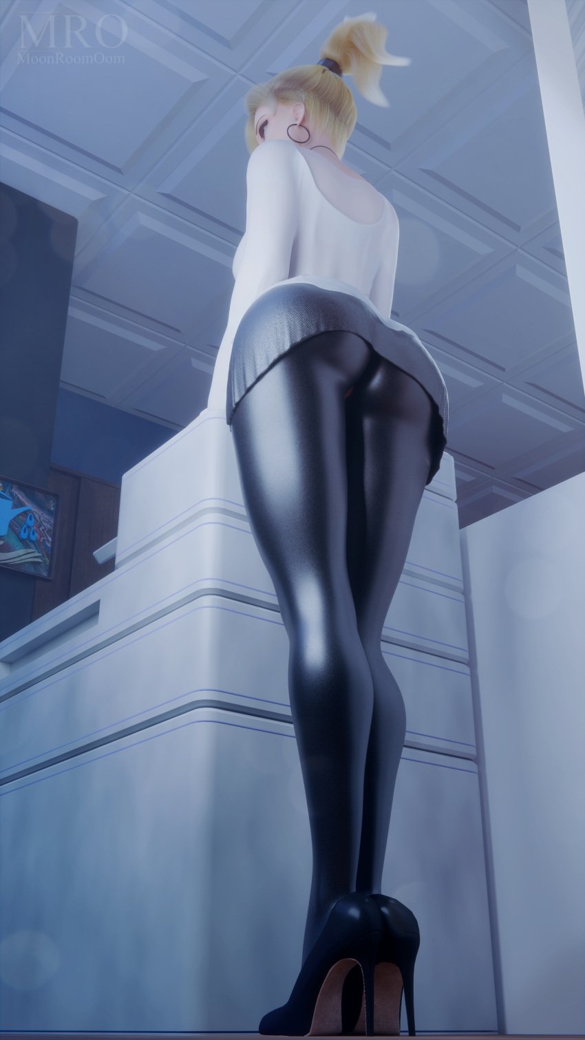 1girls 3d 3d_(artwork) 9:16 absurd_res blizzard_entertainment blonde_hair earrings from_behind from_below heels hi_res high_heels leather_clothing leather_legwear leather_pants leggings mercy miniskirt moonroomoom office office_lady overwatch overwatch_2 ponytail secretary skirt solo topwear