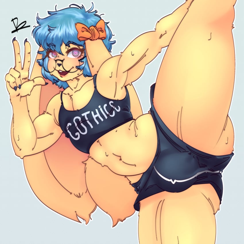 ass ass_visible_through_thighs big_butt blue_hair bulge bulge_through_clothing commission femboy furry giant_thighs glasses gothicc gym_clothes gym_shorts hair_ornament heart-shaped_pupils holding_leg holding_own_leg huge_ass huge_ears huge_thighs long_ears looking_at_viewer male_only penis_bulge rabbit rabbit_ears sweat tank_top thick thick_thighs thighs thighs_bigger_than_head thighs_bigger_than_torso v v_sign volks_foda wide_hips yellow_fur