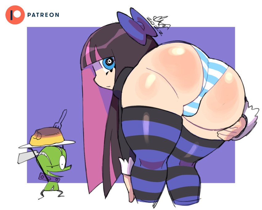 1girls ass bent_over big_ass blunt_bangs caliginous female hime_cut panties panty_&_stocking_with_garterbelt stocking_anarchy striped_legwear striped_panties thick_thighs thighhighs two_tone_hair