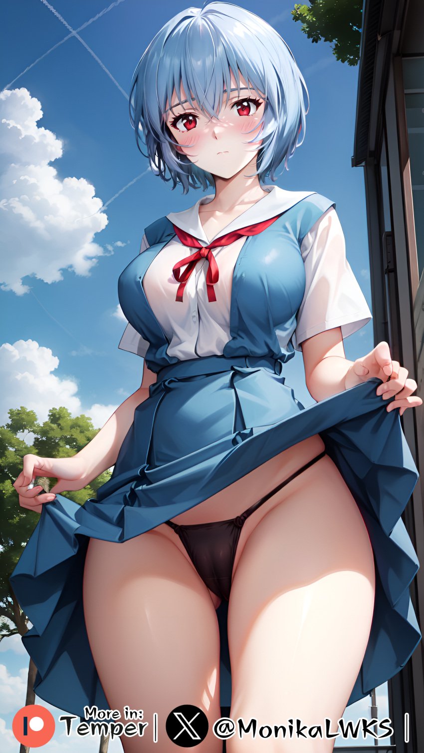 ai_generated ayanami_rei cameltoe highleg highleg_panties hourglass_figure neon_genesis_evangelion neopn_genesis_evangelion panties rei_ayanami school_uniform short_hair skirt_lift skirt_up stable_diffusion temper_ai thong wide_hips