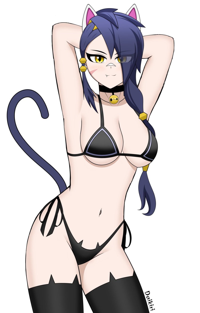 1girls bikini breasts cat_ears cat_tail catgirl choker cute_fang daikiri_di_mon erisa_(fortnite) fortnite fortnite:_battle_royale hands_behind_head looking_at_viewer purple_hair seductive_smile stockings yellow_eyes