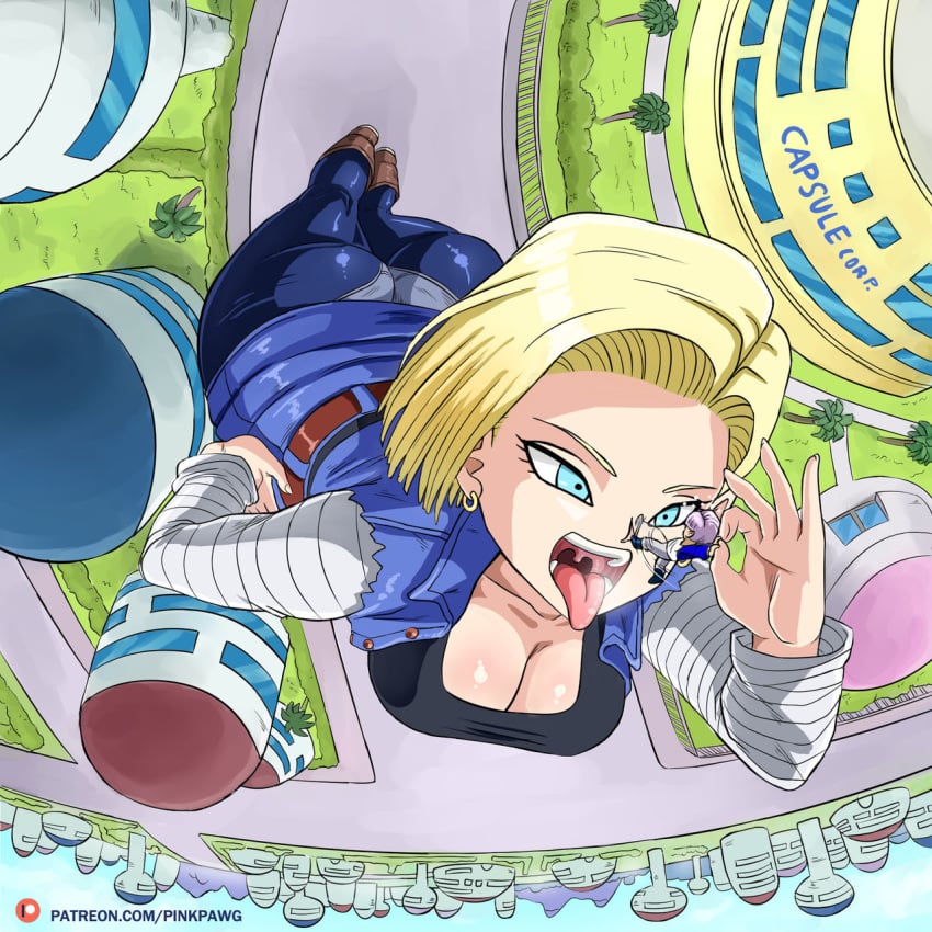 android_18 blonde_hair blue_eyes breasts cleavage curvy dat_ass dragon_ball dragon_ball_z giantess huge_ass huge_breasts imminent_vore macro male milf pinkpawg short_hair size_difference voluptuous vore wide_hips