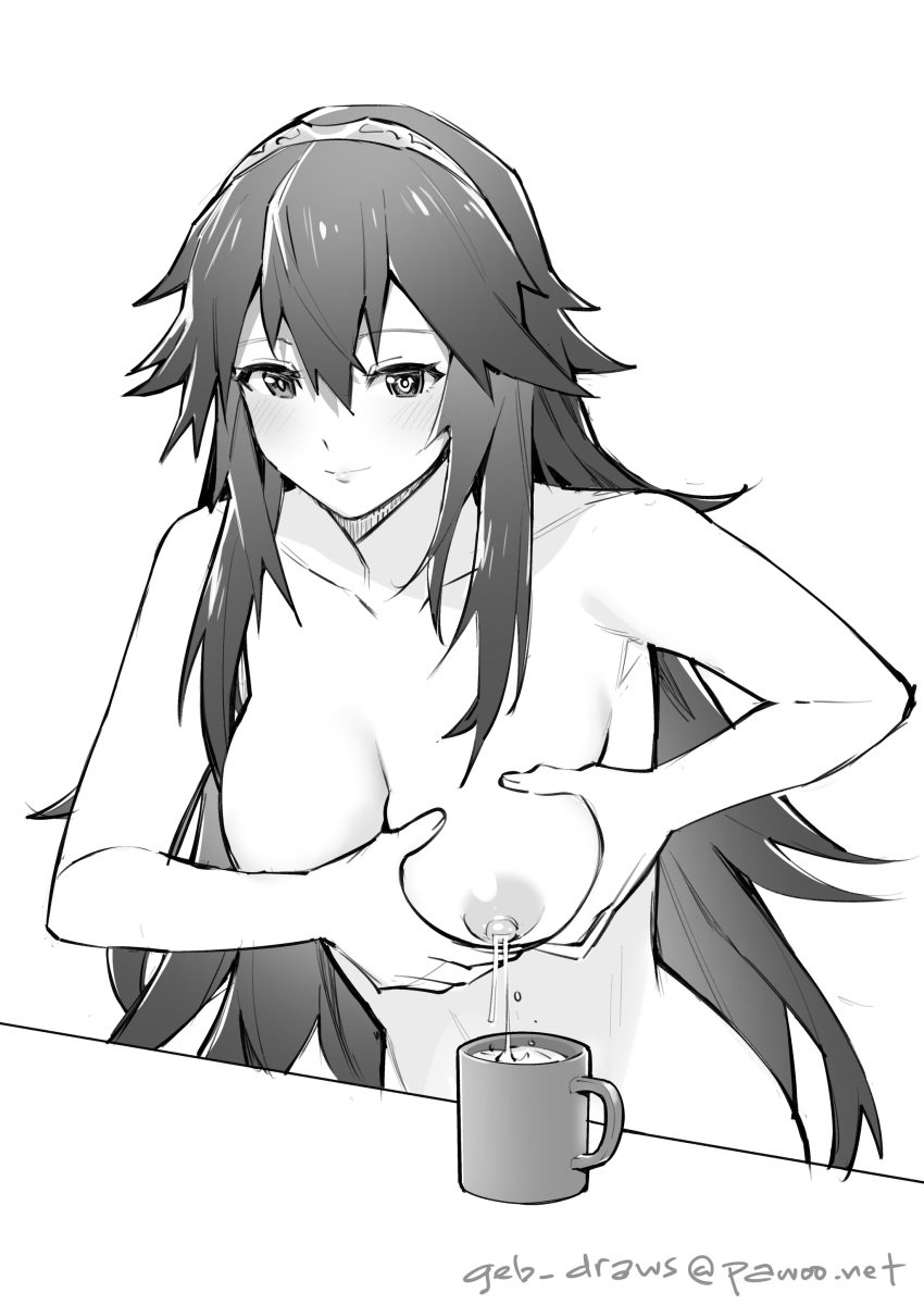 1girls brand_of_the_exalt breasts completely_nude completely_nude_female female female_only fire_emblem fire_emblem_awakening ge-b lactation large_breasts long_hair lucina_(fire_emblem) milk milk_squirt milking_breasts monochrome mug nintendo nipples nude nude_female solo symbol-shaped_pupils tiara