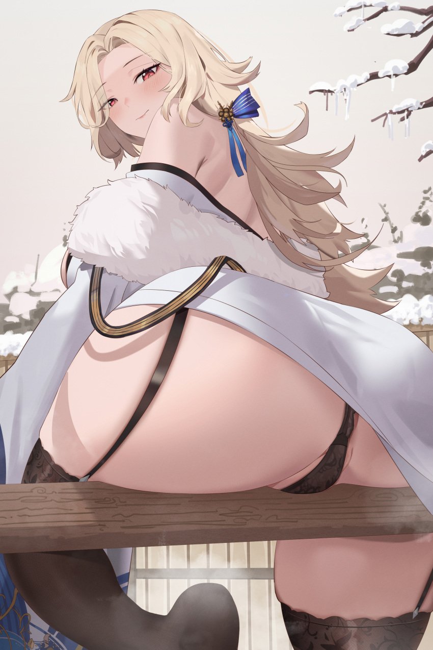 ass ass_bigger_than_head ass_focus big_ass big_breasts blonde_hair clothed garter_straps goddess_of_victory:_nikke leg_up looking_at_viewer ludmilla_(nikke) ludmilla_(winter_owner)_(nikke) panties pumi_puru pussy pussy_visible_through_panties red_eyes smiling smiling_at_viewer tagme thick_thighs thighhighs