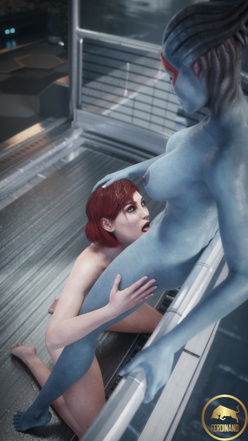 2girls 3d alternate_version_available asari ass_focus barefoot blender blue_skin commander_shepard cunnilingus female female_only femshep ferdinand_(artist) hand_on_head human interspecies kneeling mass_effect nude older_female oral red_hair samara standing yuri