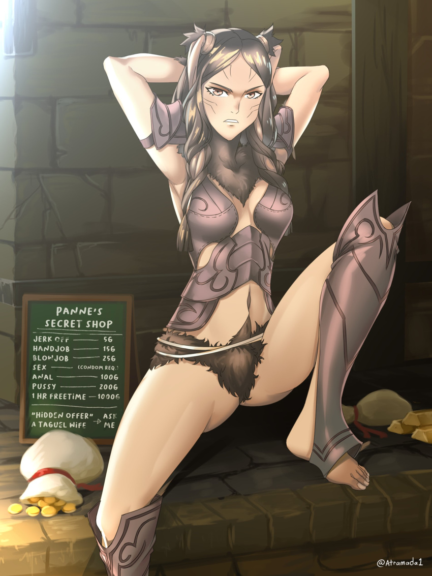 1girls 2023 angry arms_behind_head atramada1 brown_eyes brown_hair english_text face_markings female female_only fire_emblem fire_emblem_awakening gold_(metal) highres light-skinned_female light_skin looking_at_viewer money nintendo panne_(fire_emblem) price pricelist prostitution shin_guards sitting solo text twintails