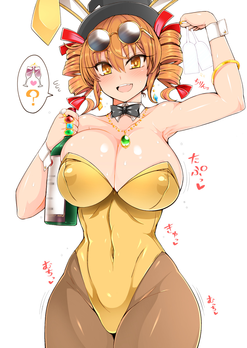 1girls alcohol armpits bow bowtie bracelet breasts bunny_costume bunny_ears bunnysuit cleavage ear_piercing earrings hat jewelry jo'on_yorigami large_breasts looking_at_viewer navel_visible_through_clothes necklace nipples_visible_through_clothing open_mouth orange_hair ribbon ring roki_(hirokix) solo sunglasses sunglasses_on_head sweat tights top_hat touhou twin_drills wine wine_bottle wine_glass yellow_eyes yorigami_jo'on