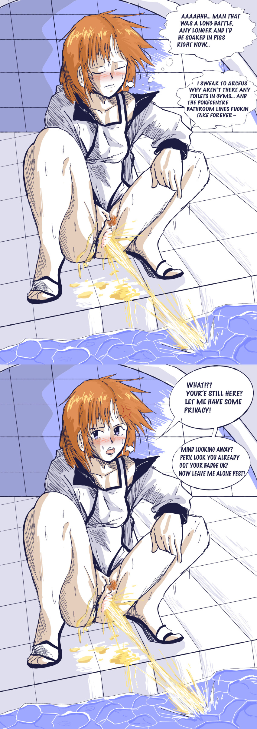 1girls annoyed blush embarrassed kasumi_(pokemon) misty_(pokemon) peeing peeing_in_pool pokemon pussy surprised