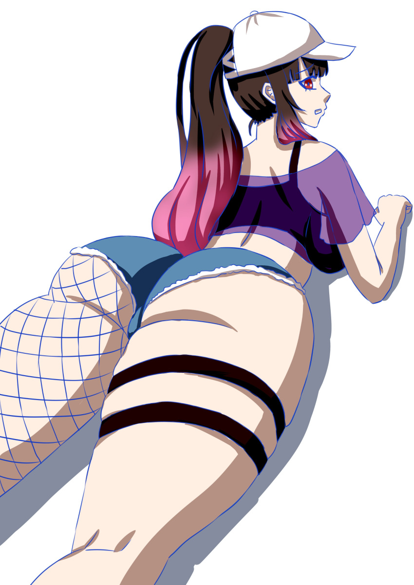 1girls ass back_view cap demosense female_only hana_yomeguri highres indie_virtual_youtuber light-skinned_female light_skin looking_at_viewer looking_back minishorts ponytail simple_background two_tone_hair virtual_youtuber white_background