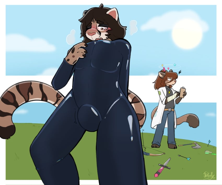 blake_(vampireferret) bulge catsuit_(disambiguation) clothing coat domestic_cat domestic_ferret felid feline felis hi_res ioun_stones jintally lab_coat latex latex_clothing mammal mustelid musteline null_bulge outside topwear true_musteline weasel