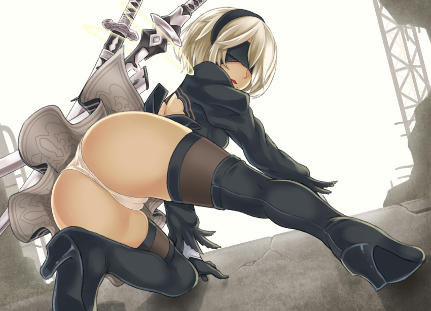 ass ass_focus back_cutout bikini black_blindfold black_dress black_hairband black_thighhighs blindfold boots breasts cameltoe clothing_cutout dress duplicate female from_behind gloves hairband high_heels highres leotard long_hair looking_back medium_breasts mole mole_under_mouth nier:_automata nier_(series) panties pixel-perfect_duplicate puffy_sleeves short_hair solo thigh_boots thighhighs thighs underwear weapon white_hair yasojima_nejiro yorha_2b