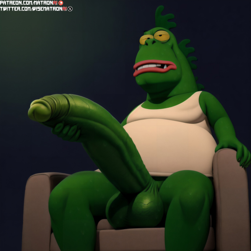 4k ai_generated balls belly big_balls big_penis cartoon_network chair dinosaur green_skin highres holding_penis large_penis long_penis low-angle_view male male_only matronai_(artist) mr._gus patreon patreon_username penis pinup sitting stable_diffusion topwear twitter_username uncle_grandpa veiny_penis