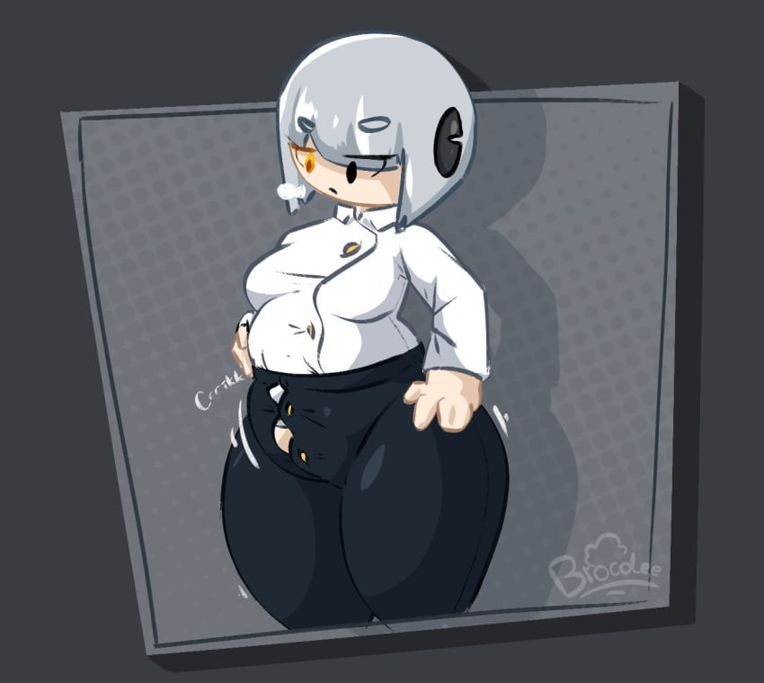 1girls android android_girl big_belly big_breasts big_thighs black_eye black_eyes brocolees button_down_shirt button_gap chubby chubby_female female female_only gijinka glados gray_hair hair_accessory hand_on_belly hand_on_hip hand_on_stomach heterochromia high_pants holding_belly holding_stomach humanization humanized inflation inflation_fetish light-skinned_female light_skin medium_breasts orange_eye orange_eyes part_1 portal_(series) robot robot_girl short_hair simple_background solo thick_thighs tight_clothing tight_fit white_hair wide_hips