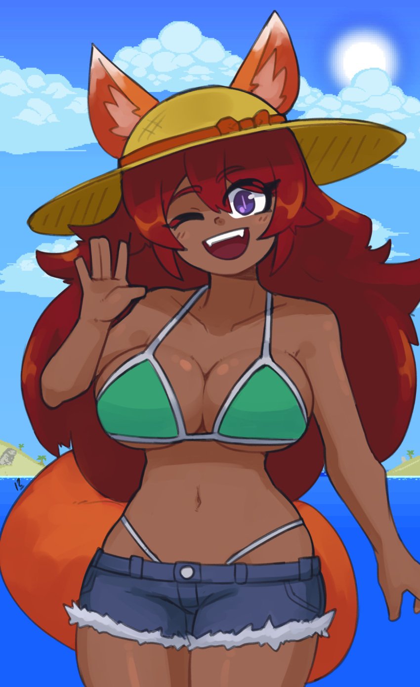 beach bikini docecaedrus fox_ears fox_girl fox_tail hat long_hair red_hair short_jeans sun_hat terraria waving wink zoologist_(terraria)