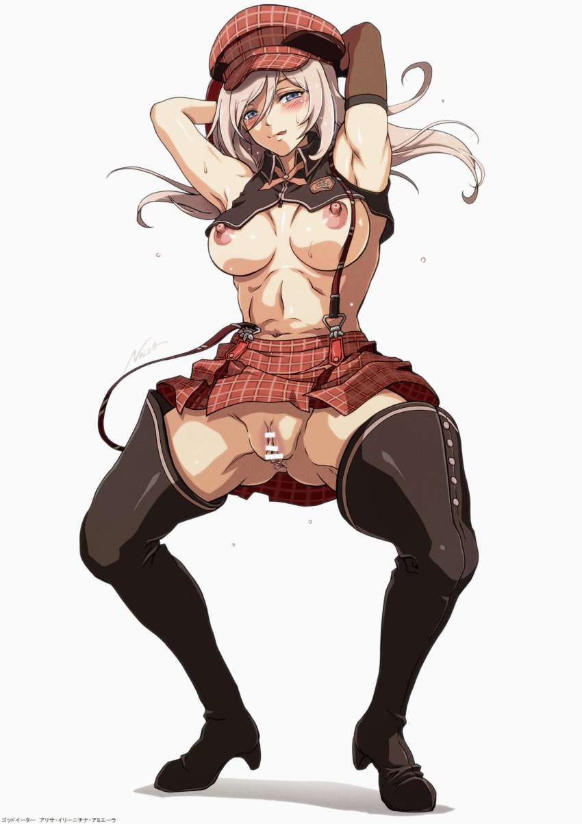 alisa_ilinichina_amiella anus armpits ass_visible_through_thighs bar_censor blue_eyes boots breasts censored commission female full_body god_eater grey_hair hat highres knee_boots large_breasts licking_lips looking_at_viewer medium_hair naughty_face navel nipples no_bra no_panties nolia pixiv_commission pussy simple_background solo spread_legs squatting standing strap tongue tongue_out