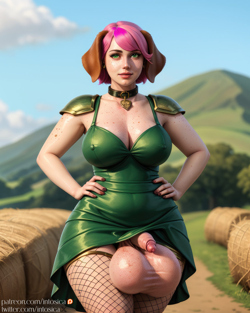 ai_generated armor big_balls_small_penis collar dog_ears dress fantasy fishnets futa_only futanari green_dress green_eyes hyper_balls intosica large_balls large_testicles medieval multicolored_hair pink_hair pink_hair_futa shoulder_armor small_penis