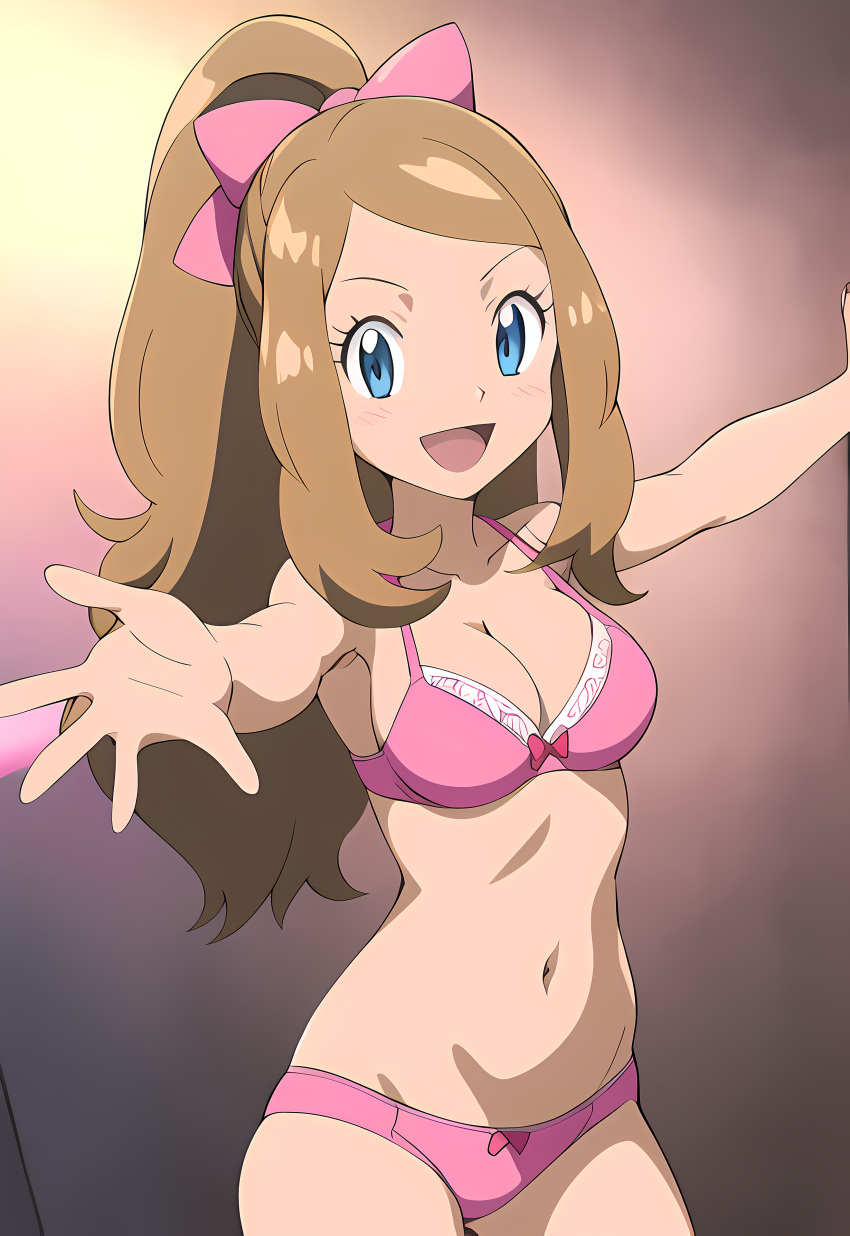 :d accurate_art_style ai_generated anime_style arms_spread arms_stretched artstyle_imitation blue_eyes blush bow bow_bra bow_panties bra breasts brown_hair cleavage clothing collarbone cowboy_shot female gradient gradient_background hairbow high_ponytail light_brown_hair long_hair looking_at_viewer matching_underwear medium_breasts navel open_arms open_mouth outstretched_arm outstretched_arms outstretched_hand panties petite pink_bikini pink_bow pink_bra pink_panties pink_ribbon pokemon pokemon_xy ponytail reaching_out serena_(pokemon) shiny shiny_hair sidelocks slim_torso slim_waist smile solo spread_arms spread_fingers standing teenage_girl teenager underwear underwear_only waving