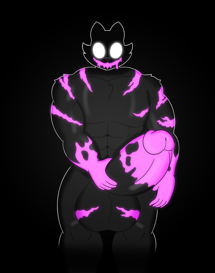 absurd_res anthro balls big_balls big_muscles big_penis black_body black_fur bodily_fluids digital_drawing_(artwork) digital_media_(artwork) drooling epic_games felid feline fortnite fur genitals glowing glowing_eyes glowing_genitalia hi_res humanoid humanoid_genitalia humanoid_penis male mammal muscular muscular_anthro muscular_male open_mouth pecs penis phantom_meowscles pink_light saliva simple_background smile solo vaprwavez white_eyes