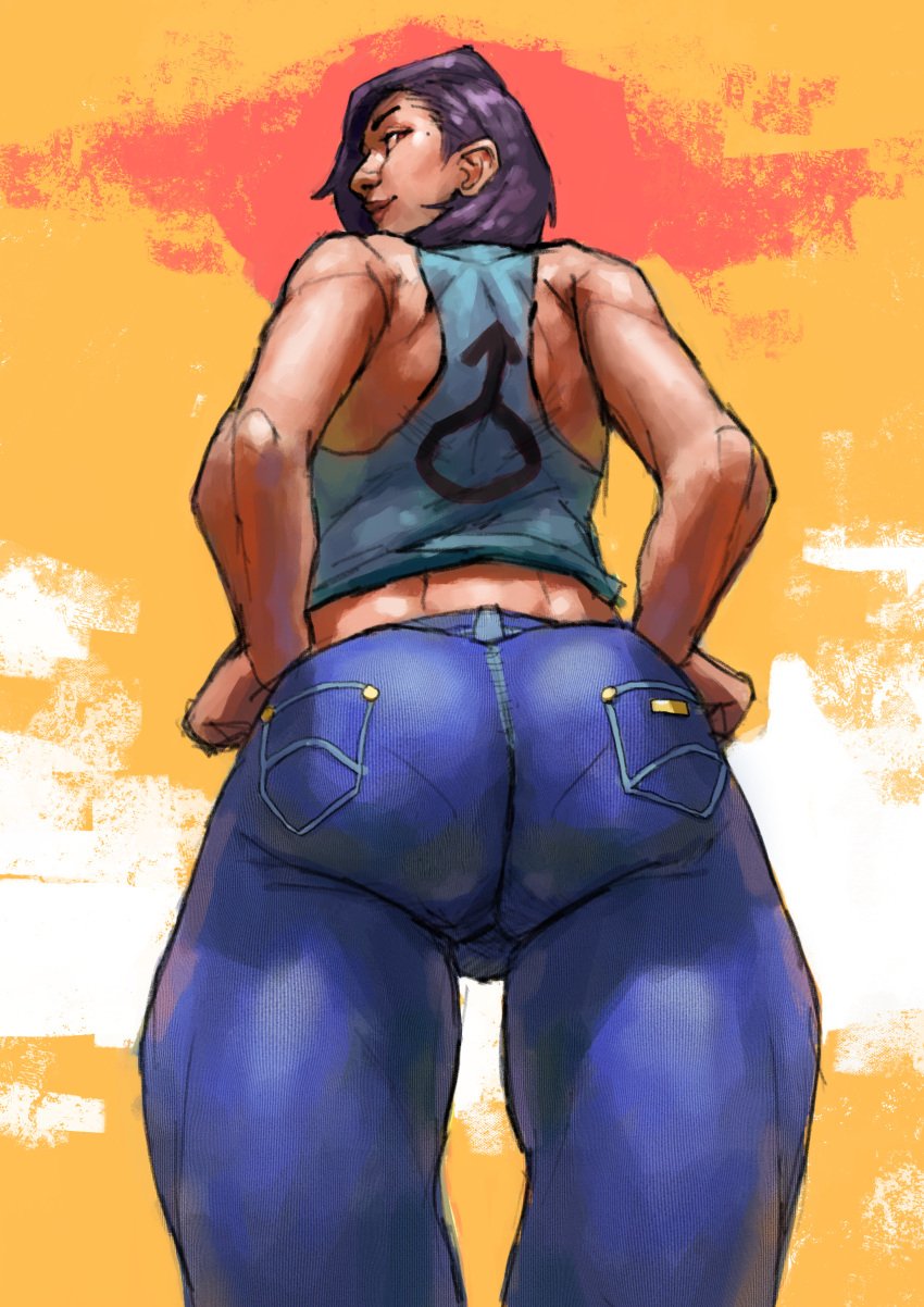 ass balls bare_shoulders beauty_mark big_ass blue_jeans crossdressing ellunateca femboy feminine_male gender_symbol girly jeans looking_at_viewer looking_back looking_down low-angle_view mole mole_under_eye purple_hair simple_background standing thick_thighs thighs trap