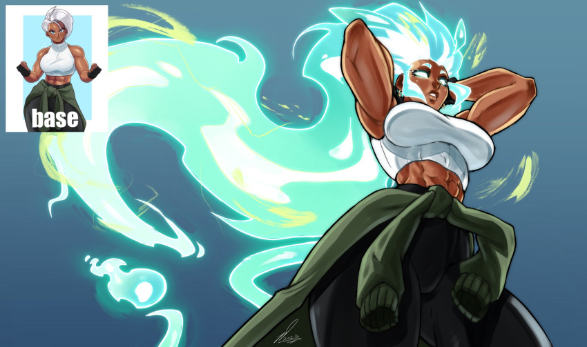 abs big_breasts black_pants blue_eyes blue_hair breasts clothes_around_waist contrapposto crop_top dark-skinned_female dark_skin dragon_ball dragon_ball_z earrings female fingerless_gloves flowing_hair gloves glowing_eyes highres jewelry kooj_artz large_breasts long_hair muscular original original_character pants sheva_(kooj_artz) short_hair solo sweater sweater_around_waist thick_thighs thighs tomboy