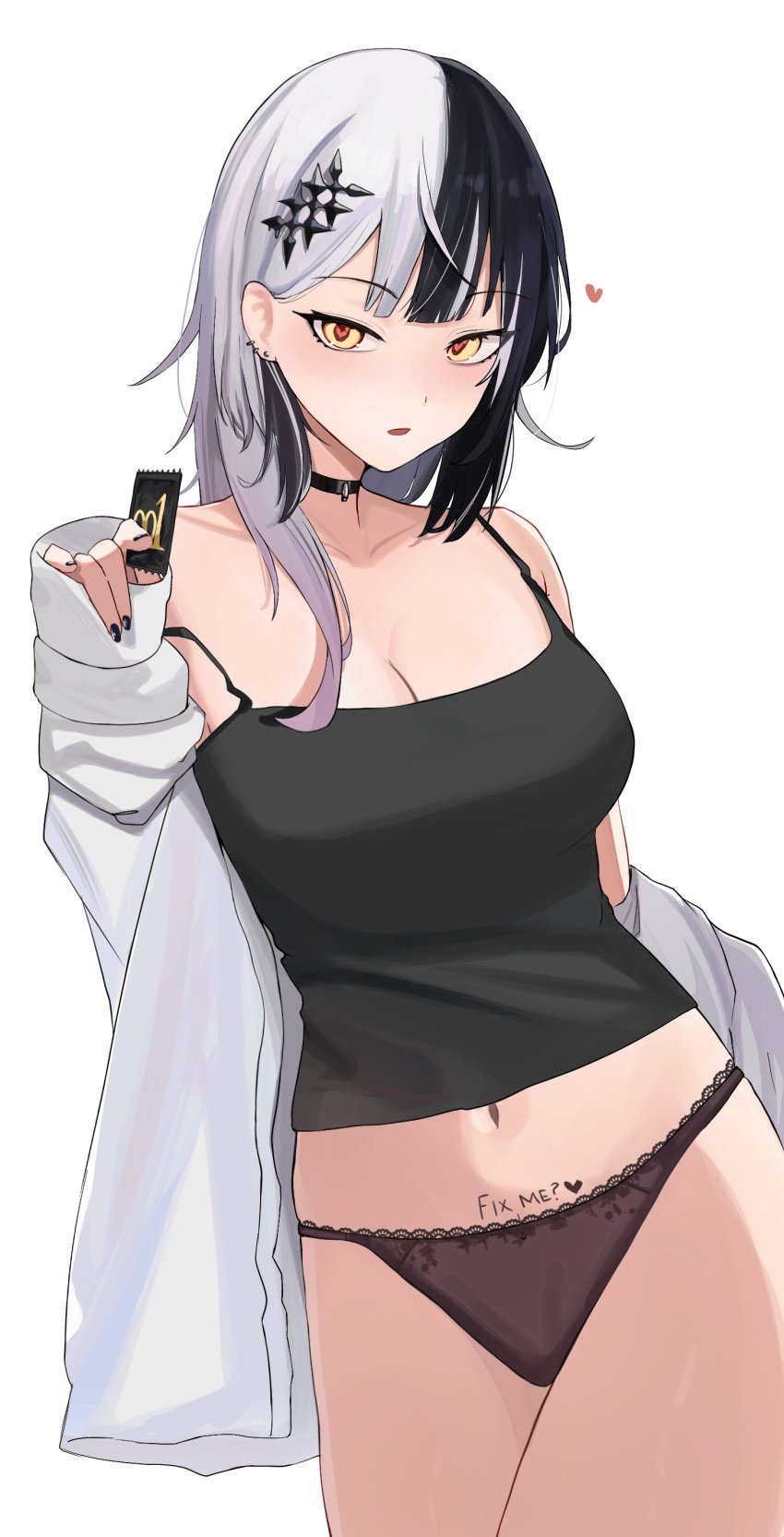 absurdres bare_shoulders black_camisole black_choker black_hair black_nails black_panties blunt_bangs body_writing breasts camisole choker collarbone come_hither commentary condom cowboy_shot earrings english_text female grey_hair hand_up heart heart-shaped_pupils highres holding holding_condom hololive hololive_english hololive_english_-advent- jewelry ku_roiko large_breasts long_hair long_sleeves looking_at_viewer multicolored_hair nail_polish navel no_pants open_clothes open_shirt panties roikopi shiori_novella shirt simple_background sleeves_past_wrists solo split-color_hair strap_slip stud_earrings symbol-shaped_pupils thighs two-tone_hair underwear virtual_youtuber white_background white_shirt yellow_eyes