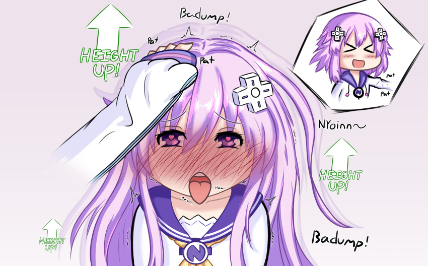 2021 ahe_gao blush compile_heart d-pad_hair_ornament english_text giantess_growth growth headpat heart-shaped_pupils height_growth idea_factory level_up long_hair nepgear neptune_(neptunia) neptunia_(series) purple_eyes purple_hair sailor_uniform short_hair status_effect text tokidokisuiyobi tongue tongue_out