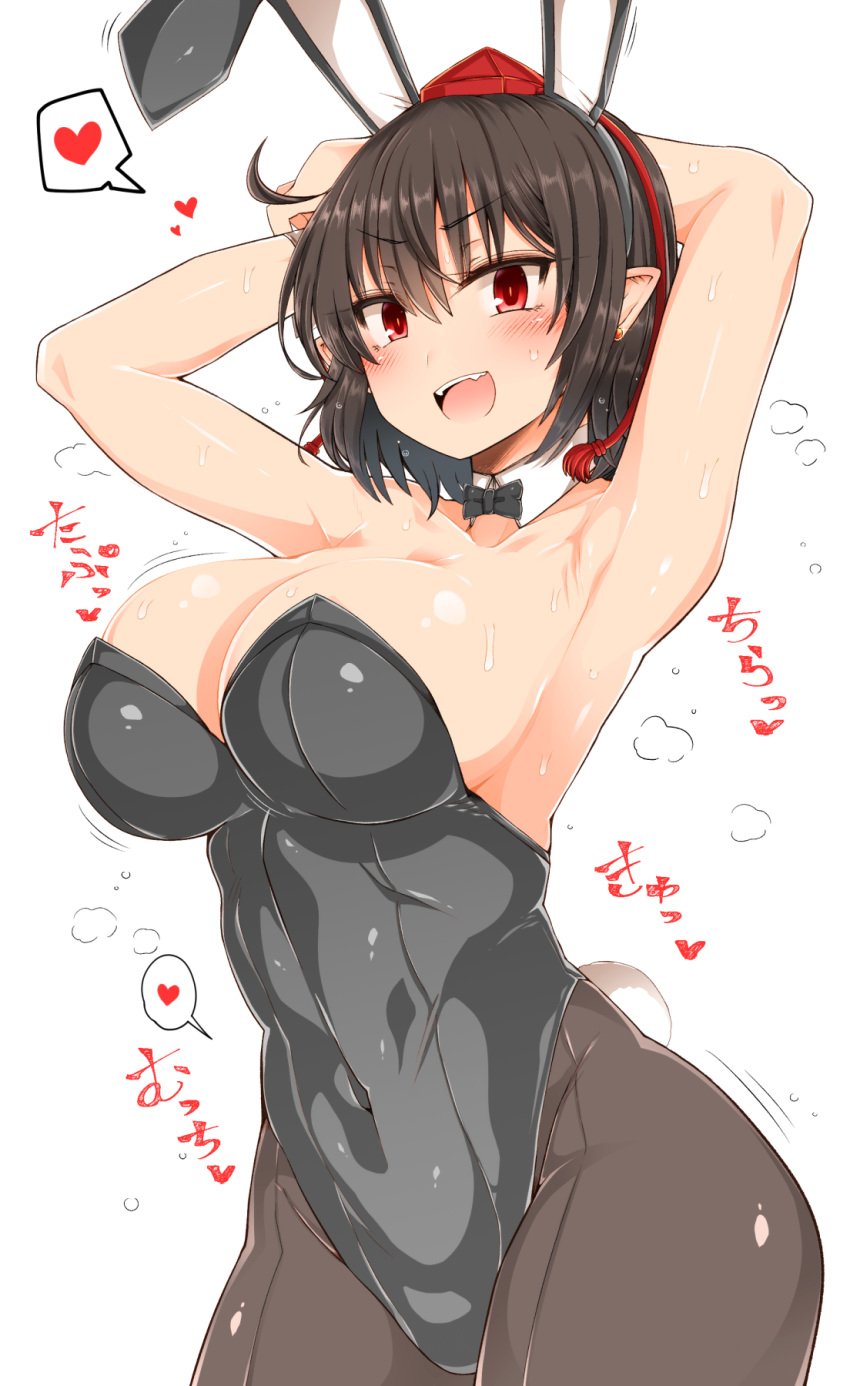 1girls armpits arms_up ass black_hair blush bow bowtie breasts bunny_costume bunny_ears bunny_girl bunnysuit cleavage fangs hat heart large_breasts looking_at_viewer navel_visible_through_clothes open_mouth pointy_ears red_eyes roki_(hirokix) shameimaru_aya short_hair solo sweat thighs tights tokin_hat touhou white_background