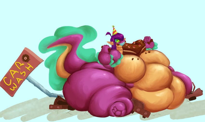 1girls bellybelting big_breasts cake huge_belly huge_breasts kaiju oc overweight purple_hair purple_skin thick_thighs