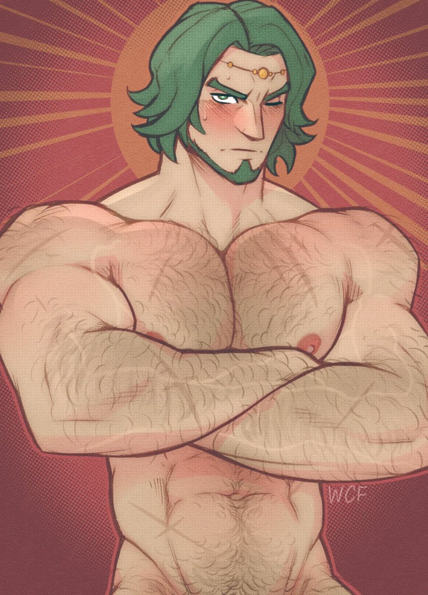 1boy abdominal_hair abs arm_hair arms_crossed arms_crossed_under_pecs bara bara_tiddies bara_tits beard big_muscles blush blushing blushing_at_viewer body_hair body_scars chest_hair eye_closed facial_hair fire_emblem fire_emblem:_three_houses forehead_jewel green_eyes green_hair hairy hairy_arms hairy_chest hairy_male human human_only jewelry light-skinned_male light_skin looking_at_viewer male male_chest male_focus male_nipples male_only muscles muscular muscular_arms muscular_male naked nintendo nipples nude nude_male pecs pecs_pressed_together pectorals pink_nipples pointy_nose scar seteth_(fire_emblem) solo solo_focus solo_male sweatdrop v-line wolf_con_f