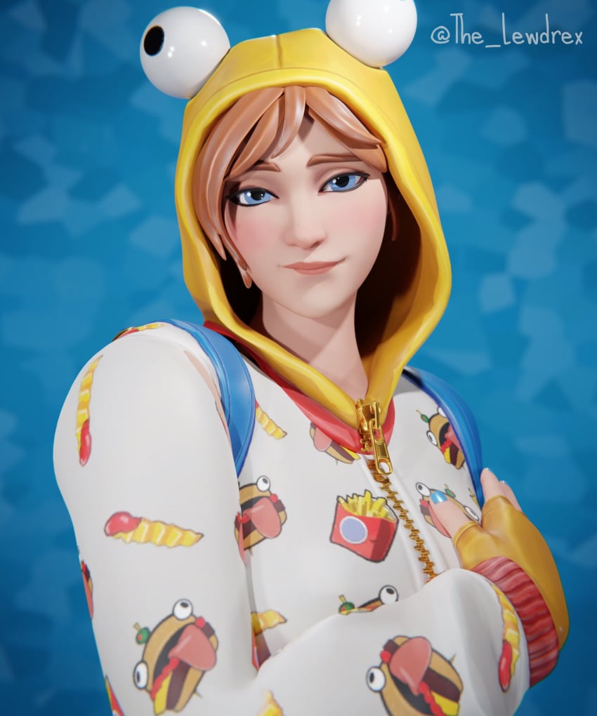 1girls 3d blender blue_eyes close-up clothed clothing epic_games face_closeup face_focus female female_focus female_only fortnite fortnite:_battle_royale highres hood hood_up lewdrex light-skinned_female light_skin onesie onesie_(fortnite) orange_hair presenting simple_background smile smiling solo solo_focus watermark