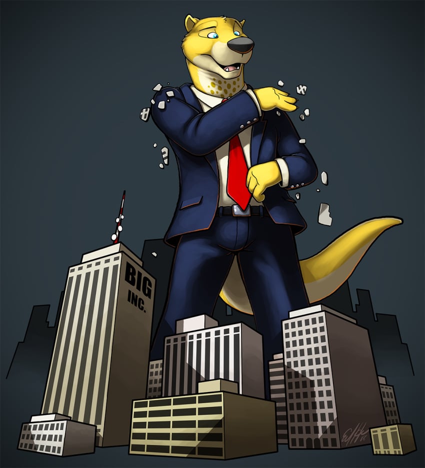 2018 anthro black_nose blue_eyes brush brushing building building_destruction bulge city clothing english_text fur hi_res long_tail low-angle_view macro macroceli_(artist) male mammal mustelid necktie otter radio_tower red_necktie shirt simple_background smile suit tail text topwear white_clothing white_shirt white_topwear yellow_body yellow_fur