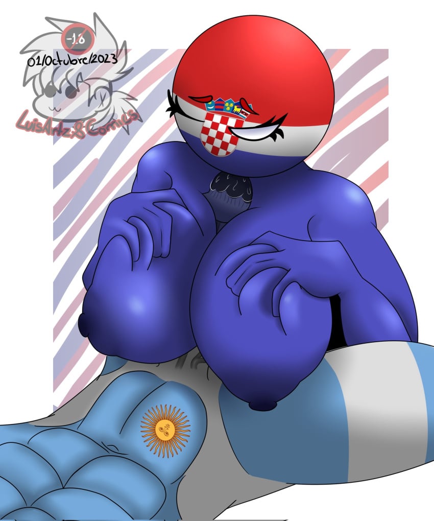 1boy 1boy1girl 1girls 2d 2d_(artwork) abs argentina argentina_(countryhumans) bare_shoulders big_breasts big_nipples big_penis blue_body blue_skin breasts country_girl countryhumans countryhumans_girl croatia croatia_(countryhumans) faceless_male female hands_on_breasts head_out_of_frame hetero luisartz_(artist) male multicolored_body naked naked_female naked_male nipples no_pupils one_eye_closed paizuri pressing_breasts_together simple_background striped_body titjob watermark white_eyes