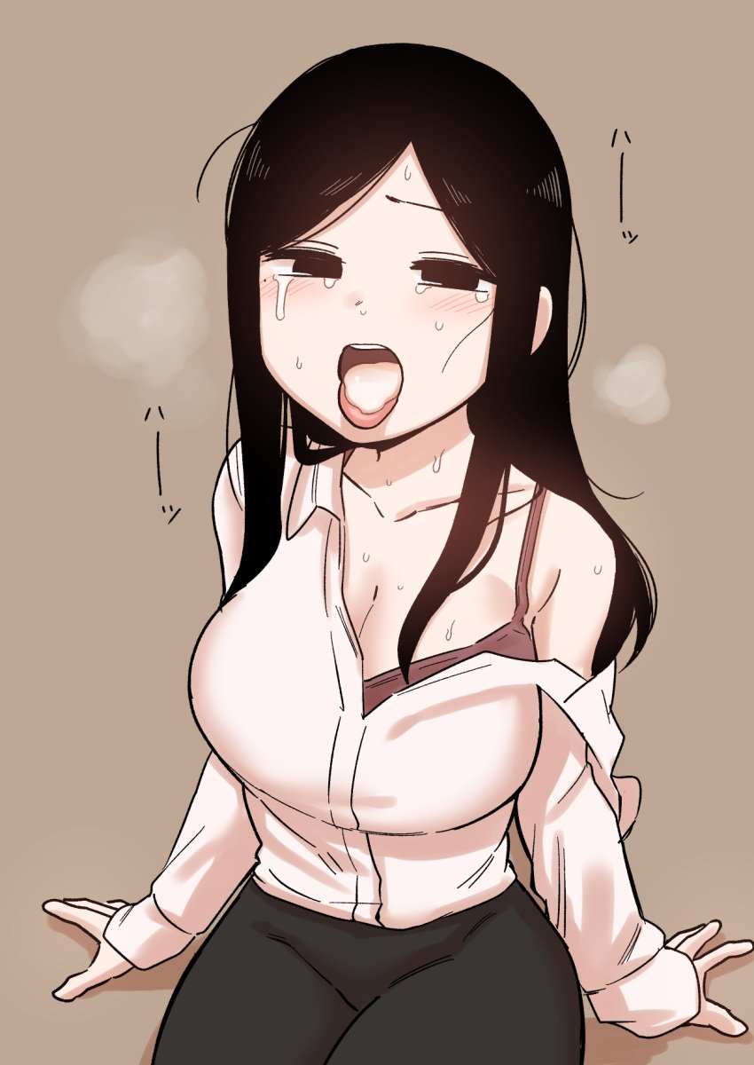 1girls after_fellatio after_oral after_sex big_breasts black_hair black_pants blush bra cleavage clothed crying crying_with_eyes_open cum cum_in_mouth cum_on_tongue large_breasts light-skinned_female mature_female my_senpai_is_annoying office_lady oral pale-skinned_female sakurai_touko senpai_ga_uzai_kouhai_no_hanashi shiromanta shirt skirt solid_color_background tagme tears tongue_out white_shirt