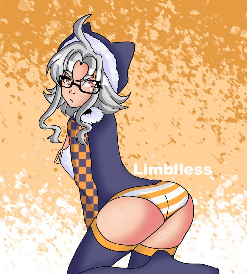 1girls ass big_ass big_butt crush_crush female female_only glasses hoodie medium_breasts nice_ass ruri_(crush_crush) sad_panda_studios solo striped_panties tagme white_hair