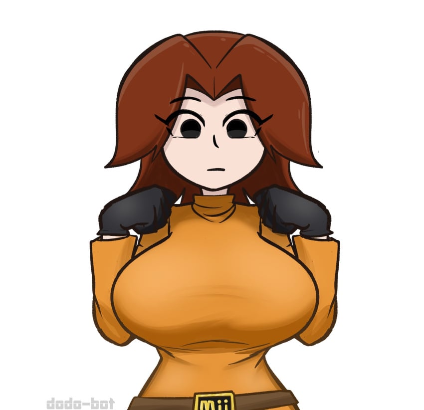 1girls alternate_version_available belt big_breasts black_eyes brown_hair dodo-bot fully_clothed mii mii_gunner mii_gunner_(smash_4) orange_clothing small_waist super_smash_bros.