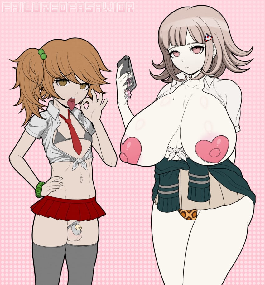 1boy 1girls alternate_hairstyle big_breasts bimbo bored breasts chastity_cage chastity_device danganronpa danganronpa:_trigger_happy_havoc danganronpa_2:_goodbye_despair failureofasavior fellatio_gesture femboy fujisaki_chihiro gyaru huge_breasts nanami_chiaki naughty_face nipples penis ponytail sagging_breasts school_uniform schoolboy schoolgirl side_ponytail slutty_outfit small_penis testicles