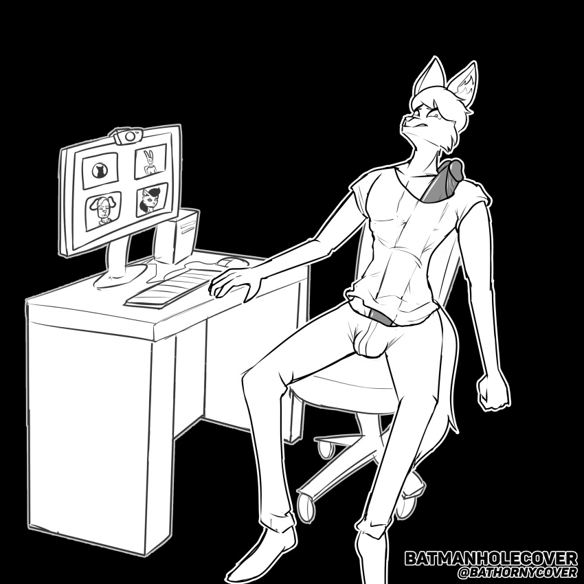 1:1 2021 absurd_res anthro artist_name balls_outline batmanholecover big_penis biped black_and_white black_background bottomwear camera canid canine canis chair clothed clothing computer computer_keyboard computer_monitor computer_mouse desk digital_drawing_(artwork) digital_media_(artwork) domestic_dog embarrassed erection erection_under_shirt felid feline female footwear furniture genital_outline genitals glans group hair hi_res huge_cock humanoid_genitalia humanoid_penis hyper hyper_genitalia hyper_penis lagomorph long_penis male mammal maned_wolf monitor monochrome nervous office_chair outline pants penis scott_(batmanholecover) shirt shoes simple_background sitting solo_focus swivel_chair t-shirt table topwear video_call video_camera