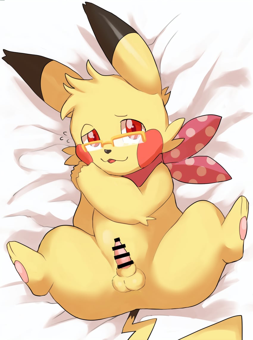 absurd_res bedding bedding_background bedroom_eyes eyewear feral fur generation_1_pokemon genitals glasses hi_res male narrowed_eyes nervous nintendo oumi pawpads penis pikachu pokemon pokemon_(species) pokemon_mystery_dungeon seductive sleazy_(sleazypikachu) smile solo tapering_penis yellow_body yellow_fur