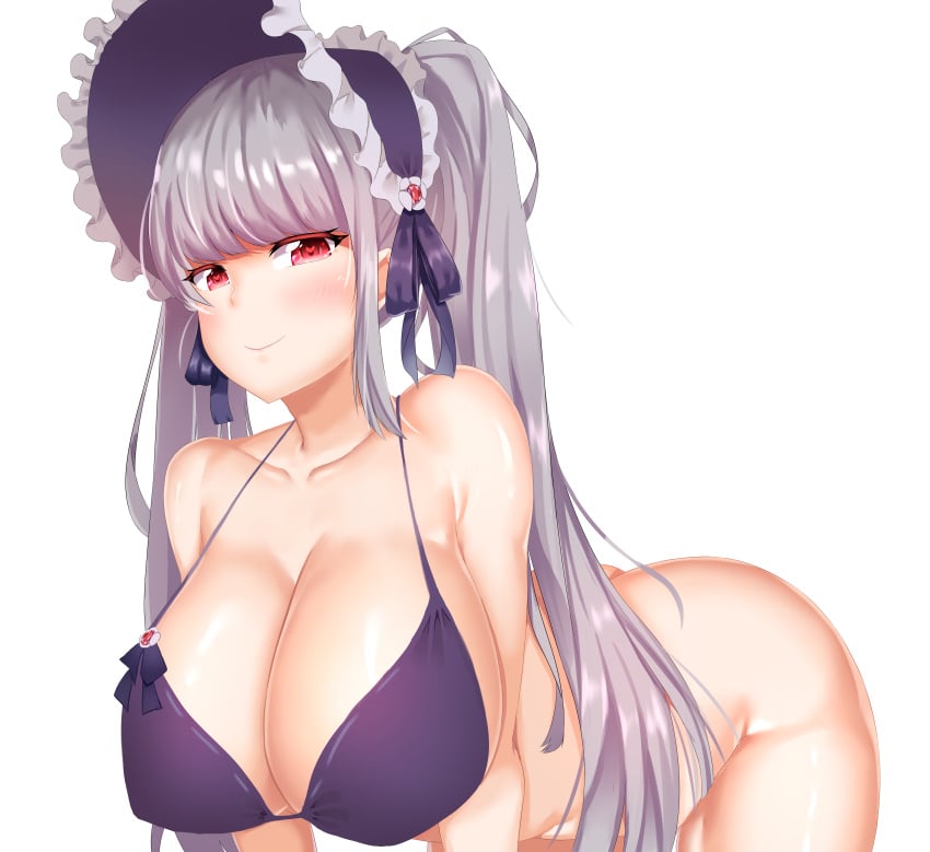 absurdres bad_id bad_pixiv_id bikini bikini_top_only blush bottomless breasts closed_mouth collarbone dungeon_and_fighter heart heart-shaped_pupils highres huge_breasts huge_filesize lelick long_hair looking_at_viewer nipples purple_bikini red_eyes silver_hair silver_luster_tagore simple_background smile solo swimsuit symbol-shaped_pupils twintails white_background